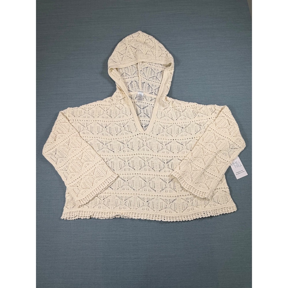 Time and‎ Tru Womens XL Cream Crochet Hoodie Cotton Knit Coverup TT16100148905